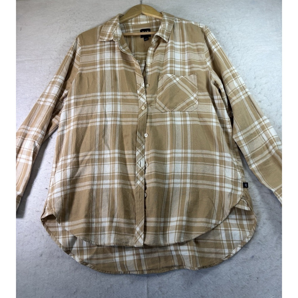Gap Plaid Button Down Flannel Long Sleeve Shirt Women's L Tan White Relaxed Fit